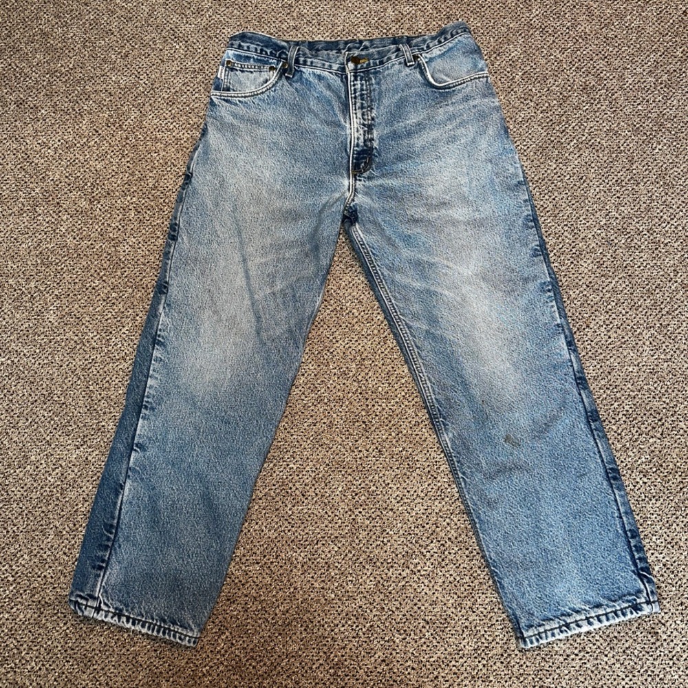 Carhartt B21DST Flannel Lined Dungaree Fit Jeans Mens 34x30 Stonewash Blue Plaid